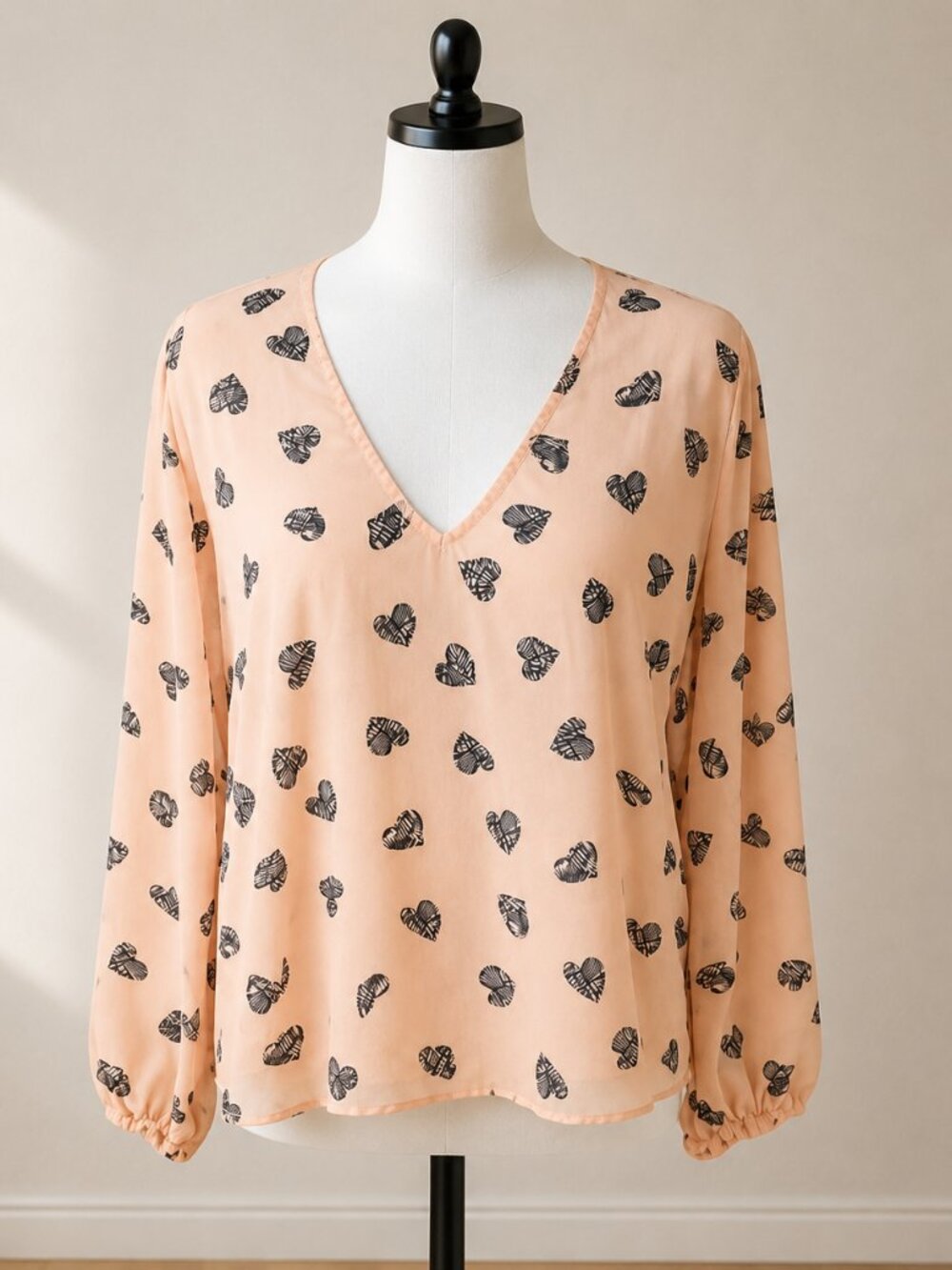 Revolve Lovers + Friends Peach Heart Print V-Neck Sheer Blouse Medium M